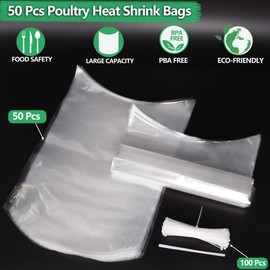 Poultry Shrink Bags, 50Pack Turkey Heat Shrink Wrap, Brining Bags BPA Free Freezer Safe, Heat Dip Shrinking Bags for Chickens, Rabbits, with 100 Heat-Resistant Zip Ties, a Silicone Straw (20’’×13.5’’)