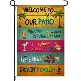 Snycler Welcome To Our Patio Garden Flag, 12.5x18" Party Decorations, Summer Decor, Outdoor Beach Bar Pub Porch Patio Deck Backyard Poolside Decor Outside