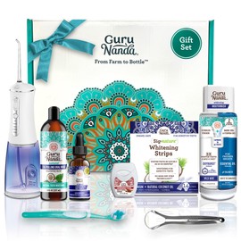GuruNanda Guru Regime - Oil Pulling, Toothbrush, Tongue Scraper, Floss, Water Flosser, Mouthwash, Whitening Strips for Complete Oral Care (Pack of 8)