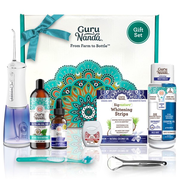 GuruNanda Guru Regime - Oil Pulling, Toothbrush, Tongue Scraper, Floss,