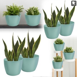 TULMERO Matte Flower Pot, Plastic Planter, Decorative Pot for Large and Small Plants, Set of 2 Flower Pot, Herb Pot, (2 Pack) Mint, Diameter 18 cm