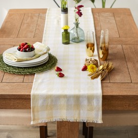 DII Heavyweight Fringed Check Tabletop Collection, Table Runner, 14x72, Natural