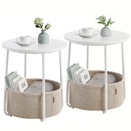 VASAGLE Nightstands, Set of 2 Bedside Tables with Fabric Basket, Small Round Side Tables, End Tables, for Bedroom, Matte White and Camel Brown ULCT665W01