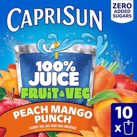 Capri Sun 100% Juice Fruit & Veg Juice Blend from Concentrate, 10 Pouches, for School Lunches and On-the-Go Hydration, Peach Mango Punch, All Natural Ingredients, Zero Added Sugars, 6 oz