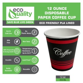 1000 Pack - 12oz Classic Durable Disposable Paper Coffee Hot Cups For Hot/Cold Drink, Coffee, Tea, Cocoa, Travel, Office, Home, Cider, Hot Chocolate, To go, by EcoQuality (12 ounce - 1000 Count Cups)