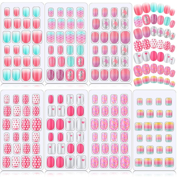 168 Pieces Girls Press on Nails 7 Days Fake Nails Artificial Nails Children Full Cover Short False Fingernails for Girls Kids Gift Nail Design Decoration, 7 Boxes (Dark Pink Theme)