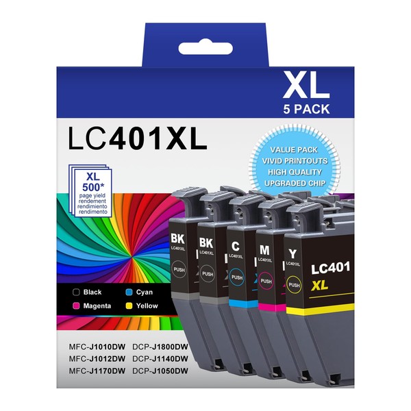 LC401XL LC401 High Yield MFC-J1010DW Ink Cartridges 5-Pack Compatible for