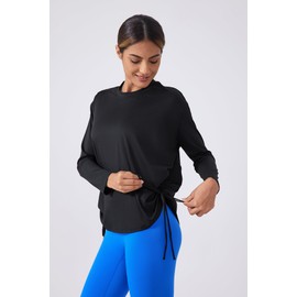 altiland Drawstring Side Ruched Long Sleeve Workout Shirts for Women, Buttery Soft Running Gym Athletic Yoga Tops Loose Fit (Black,L)