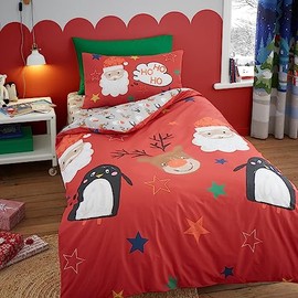Bedlam - Santa Claus, Reindeer & Penguin Duvet Cover - Single Bedding Size (140 x 200cm) - Reversible (2 Designs) - 1x Pillowcase - Christmas Cartoon Duvet Cover - Christmas Bedding - Xmas Decorations