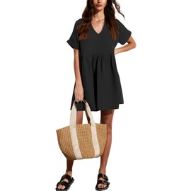 liher Women Short Sleeve Summer Tunic Dress V Neck Casual Loose Flowy Mini Short Dresses,Black S