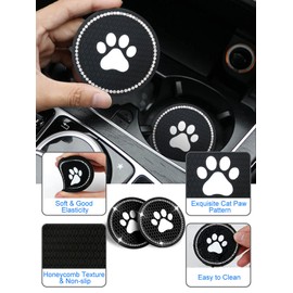 Mestream 2PCS Bling Cat Paw Car Cup Coaster, Universal 2.75 Inches Anti-Slip Silicone Vehicle Cup Holder Coasters, Lovely Bottle Rubber Coasters, Crystal Rhinestone Car Interior Accessories