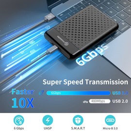 PHIXERO 2.5 Inch Tool-Free External Hard Drive Enclosure, Sata III to USB C (6Gbps) 2.5" Hard Drive Enclosure, Portable External Hard Drive Case with UASP for 7mm 9.5mm SSD & HDD, Support Max 6TB