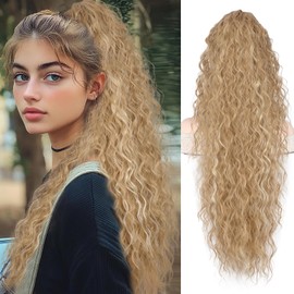 QGZ Claw Clip Ponytail Extension 30 inch Claw Clip in Ponytail Extensions for Women Long Wavy Curly Fluffy Pony Tails Hair Extensions Synthetic Hairpieces for Daily Party Use(Blonde Highlight)