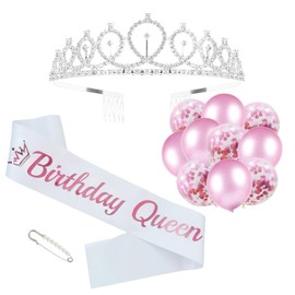 Queen Sash and Tiara Kit - Pink Letter White Sash, Crystal Silver Tiara, Balloons for Women's Birthday Party Decorations