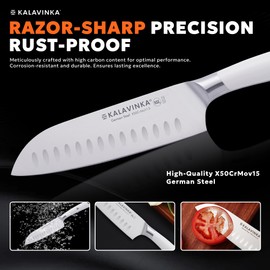 KALAVINKA 7 Inch Santoku Knife, German Stainless Steel, Razor Sharp Multipurpose Kitchen Knife with Balanced Handle and Gifted Sheath, Grilling Tools (SAMJNA)