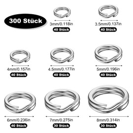 Realure 300 Pieces Fishing Snap Ring Set, Stainless Steel Snap Rings Fishing 8 mm 7 mm 6 mm 5 mm 4.5 mm 4 mm 3.5 mm 3 mm Snap Ring Set, Double Circle Split Rings for Fishing Accessories Fishing Hooks