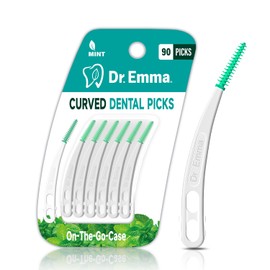 Dr. Emma Palillos dentales Mint, curvos, suaves y de goma, fáciles de usar, con estuche de transporte, 90 unidades