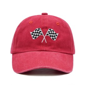 Wodeal Kids Racing Car Flag Hat for Toddler Boys Ages 2-6, Adjustable Embroidered Washed Race Car Baseball Cap for Girls Red