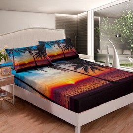 Ocean Beach Themed Bedding Set Twin Size,Tropical Sunset Beach with Palm Trees Fitted Sheet,Peaceful Sea Marine Palm Tree Bed Sheet Set Bright Hawaii Style Bed Cover 1 Fitted Sheet 1 Pillowcase
