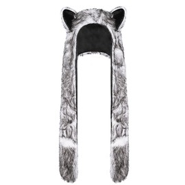 Women Hat Scarf Gloves Set 3 in 1 Hooded Faux Fur Wolf Flush Furry Earflap Cute Cartoon Animal Themed Costume Hat Long Scarf Neck Warmer Windproof Earmuffs Snood Gloves Mittens