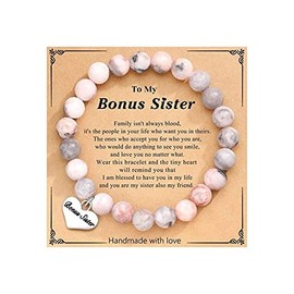 Fuqimanman2020 Pink Natural Stone Silver Heart Charm Bracelet for Mama Daughter Sister Best Friend Birthday Christmas Valentines Mothers Day Gifts With Massage Card-bonus sister