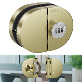 Ranbo Frameless Mechanical Combination Glass Door Lock, No-Drill Installation, Fits 3/8''–1/2'' Thick Tempered Panels, Brushed Gold, for Double Swing Glass Doors, Home & Commercial Use