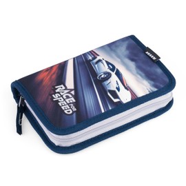 JOLLY Race for Speed Design 1 Zip Pencil Case, Dark Blue, 30 Pieces Filled with Colouring Pencils, Fibre Tips, Graphite Pencils and Accessories, Ideal School Pencil Case for Boys