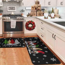 OUXIOAZ Buffalo Plaid Tree Gnomes Black Merry Christmas Kitchen Rugs Set of 2, Winter Holiday Party Low-Profile Floor Mat Decorations for Home Kitchen 17"x47"+17"x30"