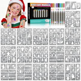 158Pcs Christmas Temporary Tattoo Stencils and 8 Body Markers for Kids