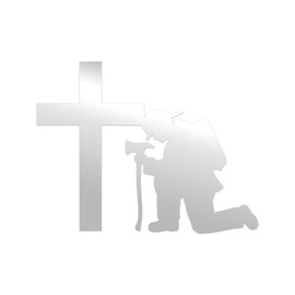 Firefighter Kneeling at Cross Premium Sticker Decal Chrome Mirror Silver Metallic First Responder Fireman Rescue Hero Heroes - Chrome Silver - 4" W x 3.1" H