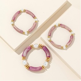 eartif Bamboo Tube Bracelets for Women Chunky Acrylic Curved Tube Stackable Bangles Handmade Pearl Beaded Stretch Wrap Bracelets Friendship Bracelet Set Summer Beach Jewelry Gifts (Purple)