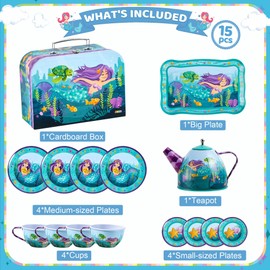 JOYIN Mermaid Tea Party Set for Little Girls, Pretend Tin Teapot Set, Princess Tea Time Play Kitchen Toy with Cups, Plates and Carrying Case for Birthday Easter Gifts Kids Toddlers Age 3 4 5 6