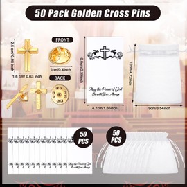 Zeyune 50 Sets Cross Pins Gifts Gold Cross Pins Bulk Cross Lapel Pins with Cards Organza Bags Christian Pins for Backpacks Religious Brooch Pin for Men Women Christian Chaplain Gift