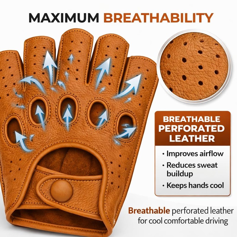 Riparo Men’s Fingerless Leather Driving Gloves – Genuine Cowhide Half-Finger