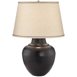 Brighton Southwest Rustic Farmhouse Table Lamp 27.25" Tall Hammered Warm Bronze Metal Pot Beige Fabric Drum Shade for Living Room Bedroom House Bedside Nightstand Home Office - Barnes and Ivy