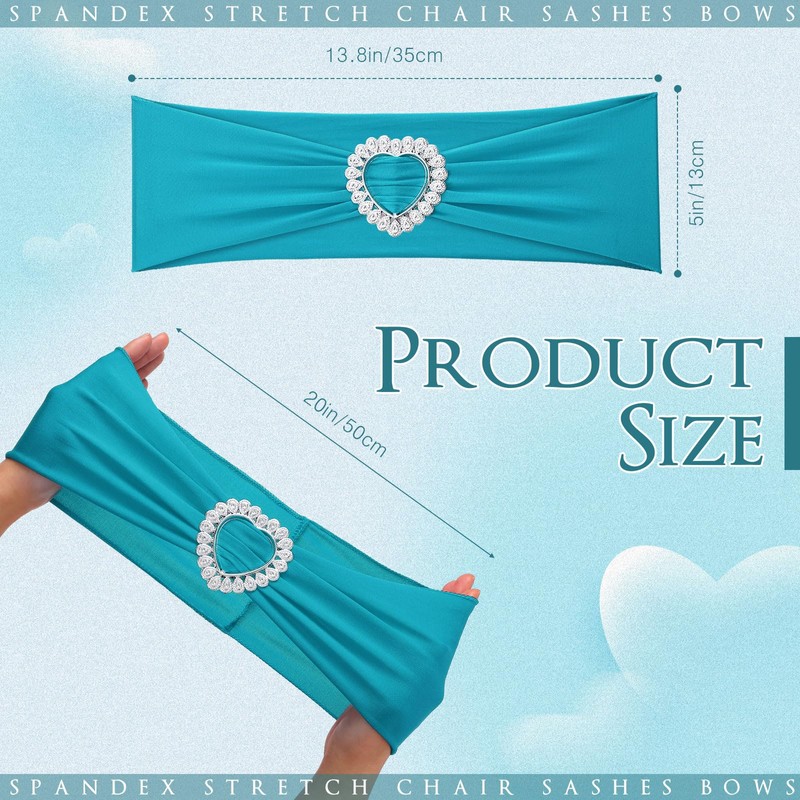 VitalCozy 100 Pcs Spandex Chair Sashes with Heart Buckle Slider,Turquoise