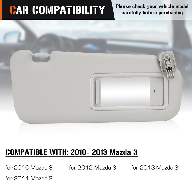 Sun Visor for Mazda 3 2010-2013, Right Passenger Side Gray