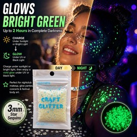 Sourcingbay Estrellas diminutas que brillan en la oscuridad, purpurina luminosa en copos de 3 mm, lentejuelas holográficas para decoración de uñas, suministros de slime, manualidades de resina, fiesta