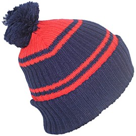 Best Winter Hats Quality Striped Beanie with Solid Cuff & Matching Pom - Navy/Red