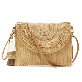 WEIMZC Small Straw Purse for Women Summer Clutch Purses Beach Woven Envelope Bag Raffia Shoulder,Straw Crossbody Bag boho(Tassels Brown)
