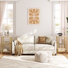 HOOBRO Side Table, 3-Tier Tall End Telephone Table with Adjustable Mesh Shelves, for Living Room Bedroom Hallway or Office, Tall and Narrow, White and Gold DW01DH01G1