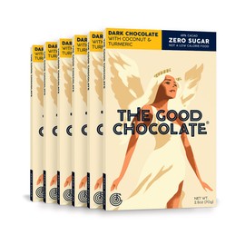 The Good Chocolate - Dark Chocolate with Coconut Turmeric Bar, Zero Sugar, Lower Net Carb Snack, Lower Calorie, Vegan Chocolate Bars, 6 Bar Value Pack