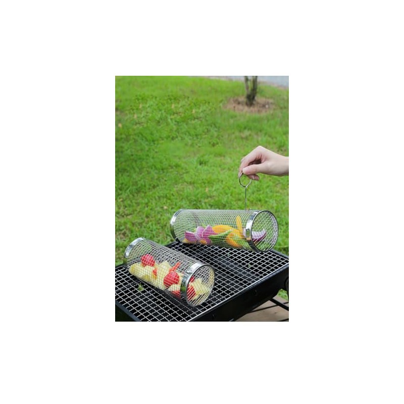 2 PCS Rolling Grill Baskets, 304 Stainless Steel Rolling Grilling