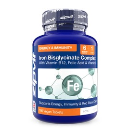 Zipvit Iron Tablets High Strength with Vitamin C, B12 & Folic Acid, 180 Vegan Energy Tablets, Iron Bisglycinate Supplements for Women & Men for Energy & Absorption