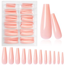AddFavor 120pcs Press on Nails Long Coffin Fake Nails, Full Cover Extra Long Press on Nails Jelly Pink Glossy XL Ballerina Pressos Nails Acrylic Artificial False Nail Tips 12 Sizes for Women