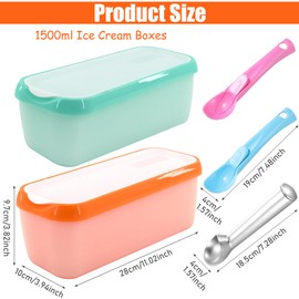 Pack of 2 Ice Cream Containers for Ice Cream with 3 Spoons, 1.5 L Ice Cream Container with Lid, Ice Container for Homemade Ice Cream, Freezer, Storage Container for Homemade Ice Cream, Sorbets