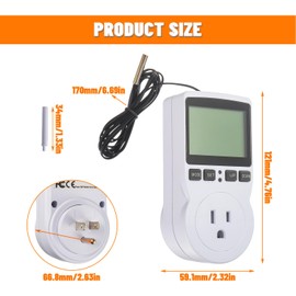 HUAREW 110V Digital Temperature Controller, LCD Screen Heating Cooling Thermostat Outlet Socket with Sensor Timer Regulator for Reptile Incubator Greenhouse Brewing Refrigerator