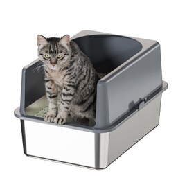 Booche High-Sided Stainless Steel Cat Litter Box,Stainless Steel Litter Box with Lid,Extra Medium Box,Easy-to-Clean Metal Litter Pan for Cats (19''L X 14''W X 12''H with Enclosure)