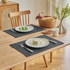Softalker Faux Linen Placemats Set of 4-12 x 18 Inch, Heat Resistant Double Layered Durable Burlap Farmhouse Place Mats, Non-Slip Washable Rustic Table Mats for Dining, Kitchen, Party（Dark Grey