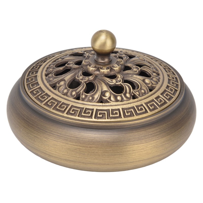 Antique Incense Burner Brass Holder with Lid Fireproof Cotton Interior